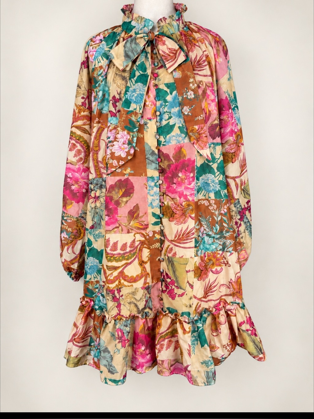 Cutely Covered XL 1X Patchwork Floral Mini Dress Tunic Bow Ruffle NWT